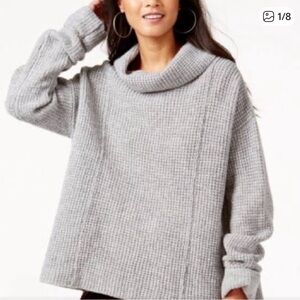 Free People Women's S Gray Waffle Knit 100% Wool Turtleneck Sidewinder Sweater